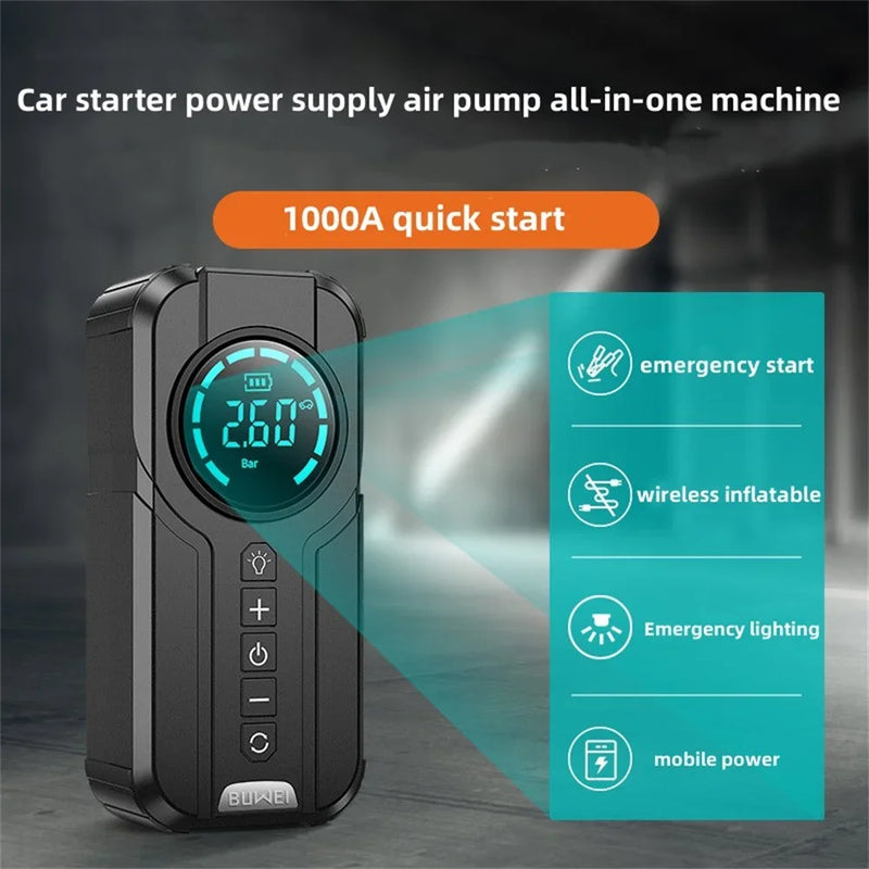 4 In 1 Cars Jump Starter, Power Bank, Auto Tyre Inflator & Emergency Lighting